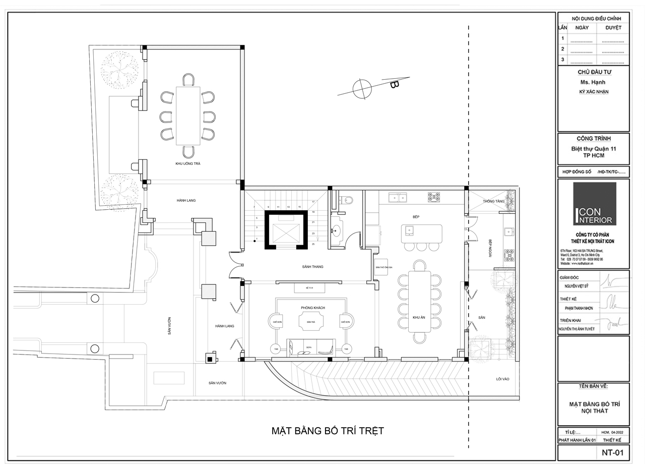 Bố trí thiết kế nội thất biệt thự quận 11 tầng trệt gồm phòng khách bếp liên thông, phòng ăn, 01 phòng ngủ, khu bếp bên ngoài, khu uống trà, WC...