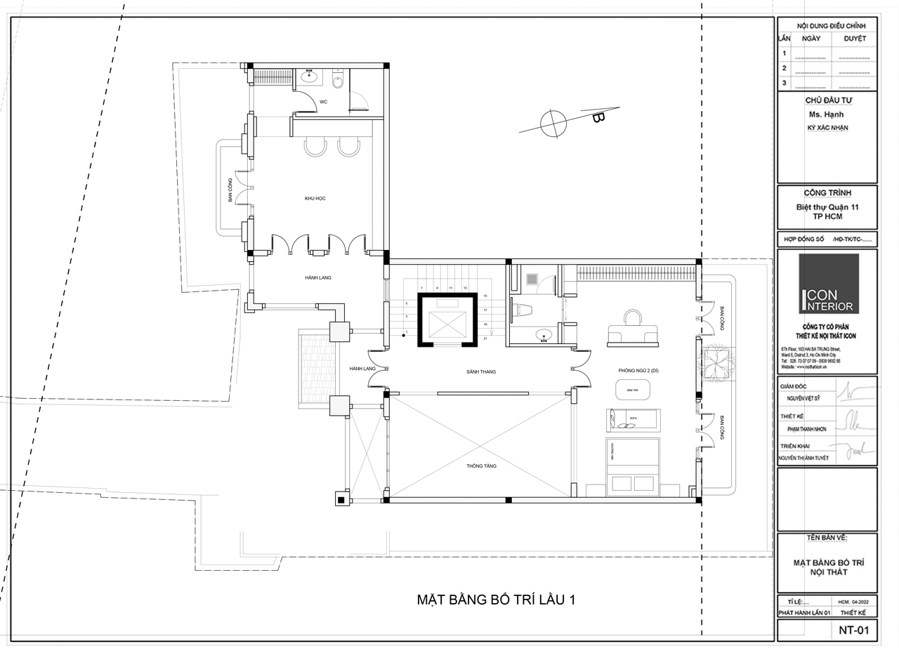 Bố trí nội thất biệt thự tầng 1 gồm phòng ngủ và khu phòng học, đọc sách của gia đình.