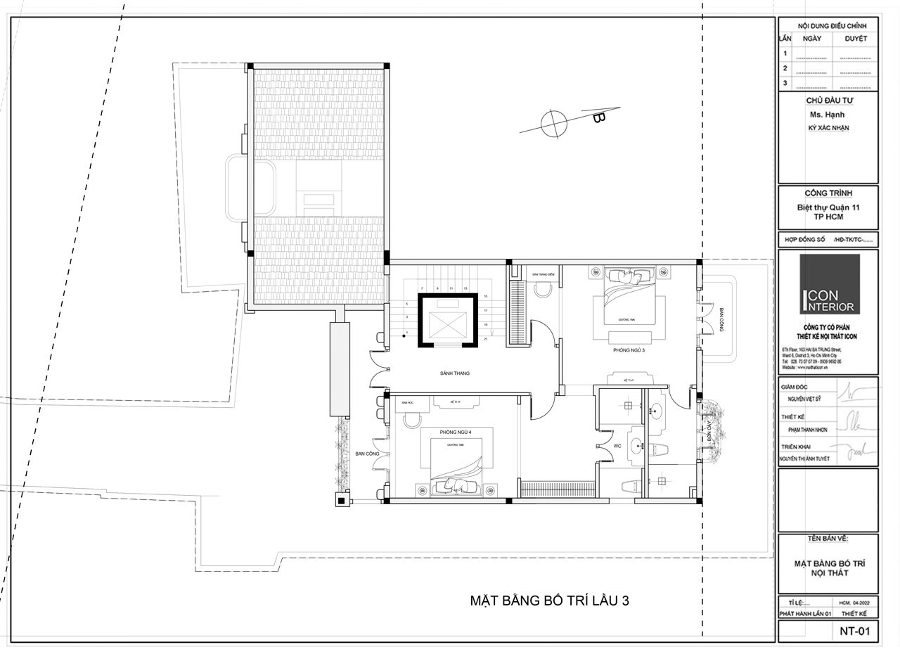 Mặt bằng bố trí thiết kế nội thất biệt thự quận 11 tầng 3 có 02 phòng ngủ.